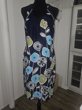 Navy Floral Midi Dress with Blue & Green Blooms